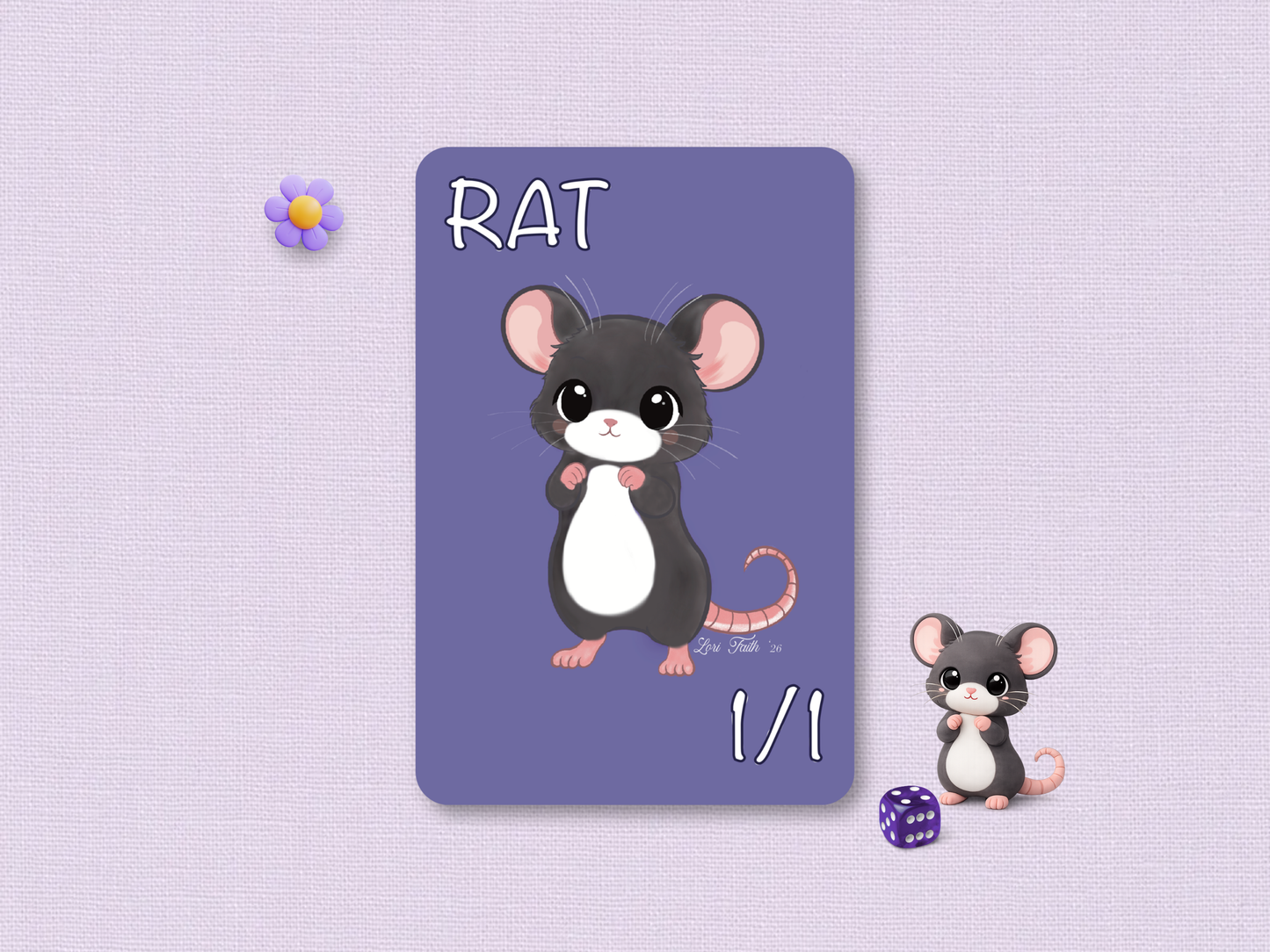Purple Fox Shop hand-drawn 1/1 Rat token original cute chibi art card printed on premium matte MTG art stock displayed on a cozy textured background with dice