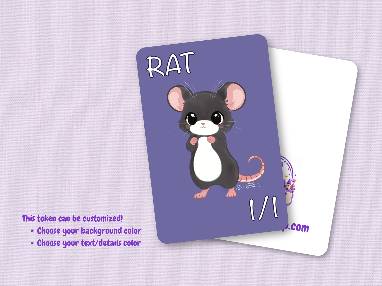 Purple Fox Shop hand-drawn 1/1 Rat token original cute chibi art card printed on premium matte MTG art stock displayed on a cozy textured background with dice