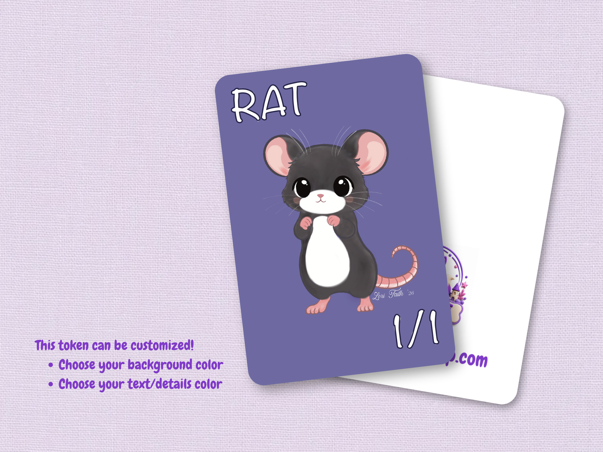 Purple Fox Shop hand-drawn 1/1 Rat token original cute chibi art card printed on premium matte MTG art stock displayed on a cozy textured background with dice