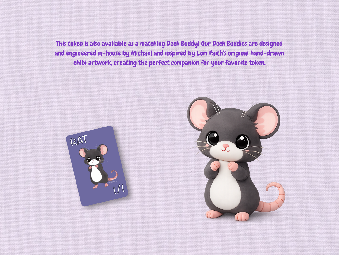 Purple Fox Shop hand-drawn 1/1 Rat token original cute chibi art card printed on premium matte MTG art stock displayed on a cozy textured background with dice