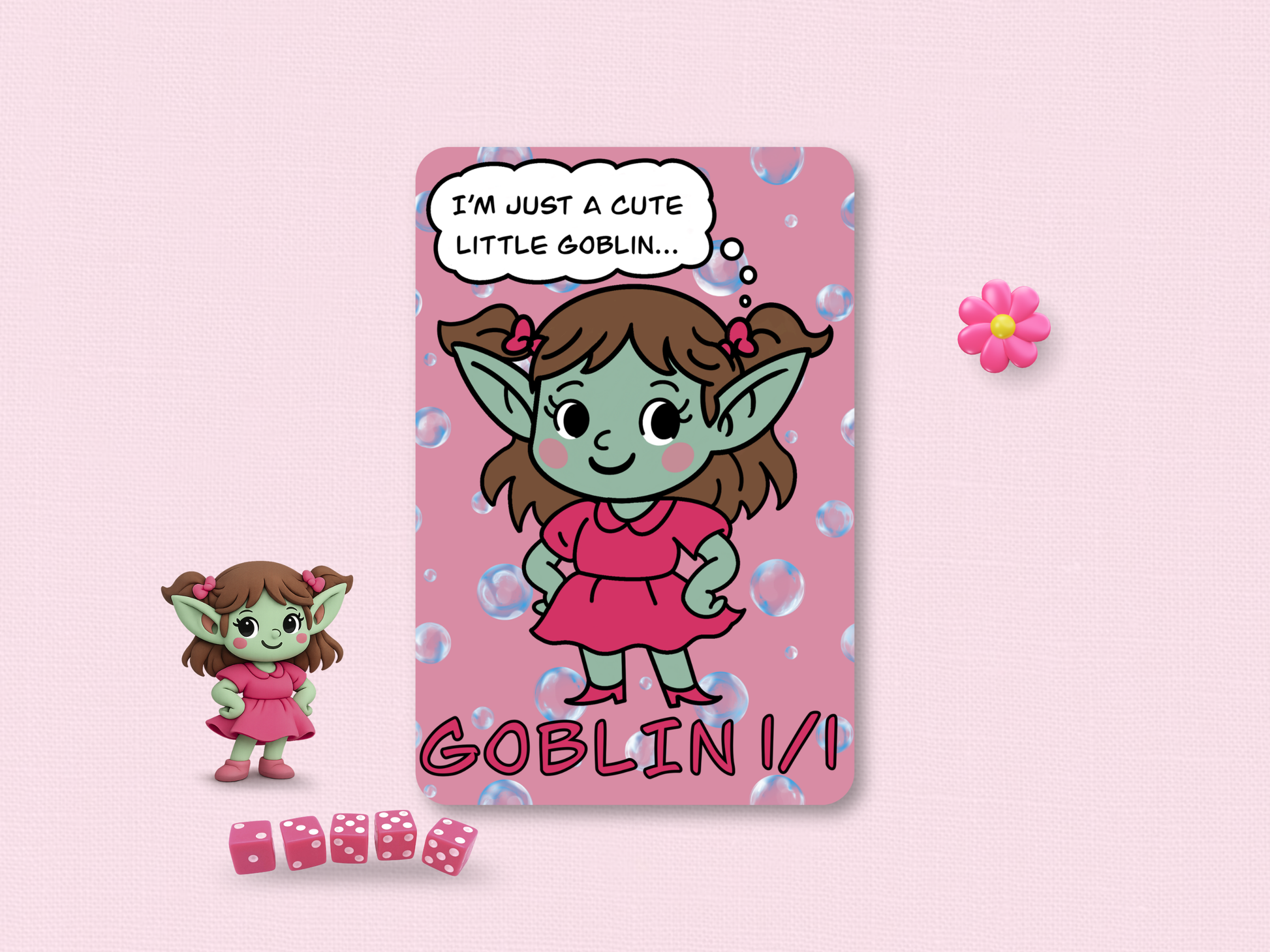 Purple Fox Shop hand-drawn 1/1 Goblin token original cute chibi art card with thought bubble printed on premium matte MTG art stock displayed on a cozy light pink textured background with dice