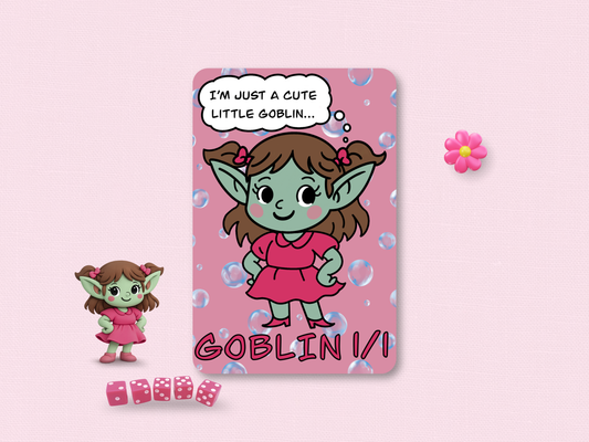 Purple Fox Shop hand-drawn 1/1 Goblin token original cute chibi art card with thought bubble printed on premium matte MTG art stock displayed on a cozy light pink textured background with dice
