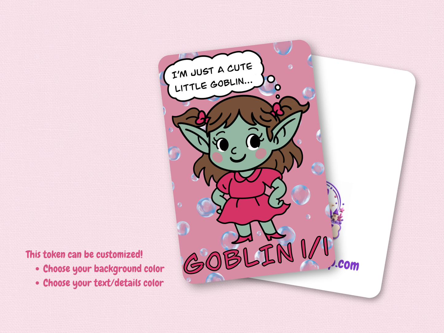 Purple Fox Shop hand-drawn 1/1 Goblin token original cute chibi art card with thought bubble printed on premium matte MTG art stock displayed on a cozy light pink textured background with dice