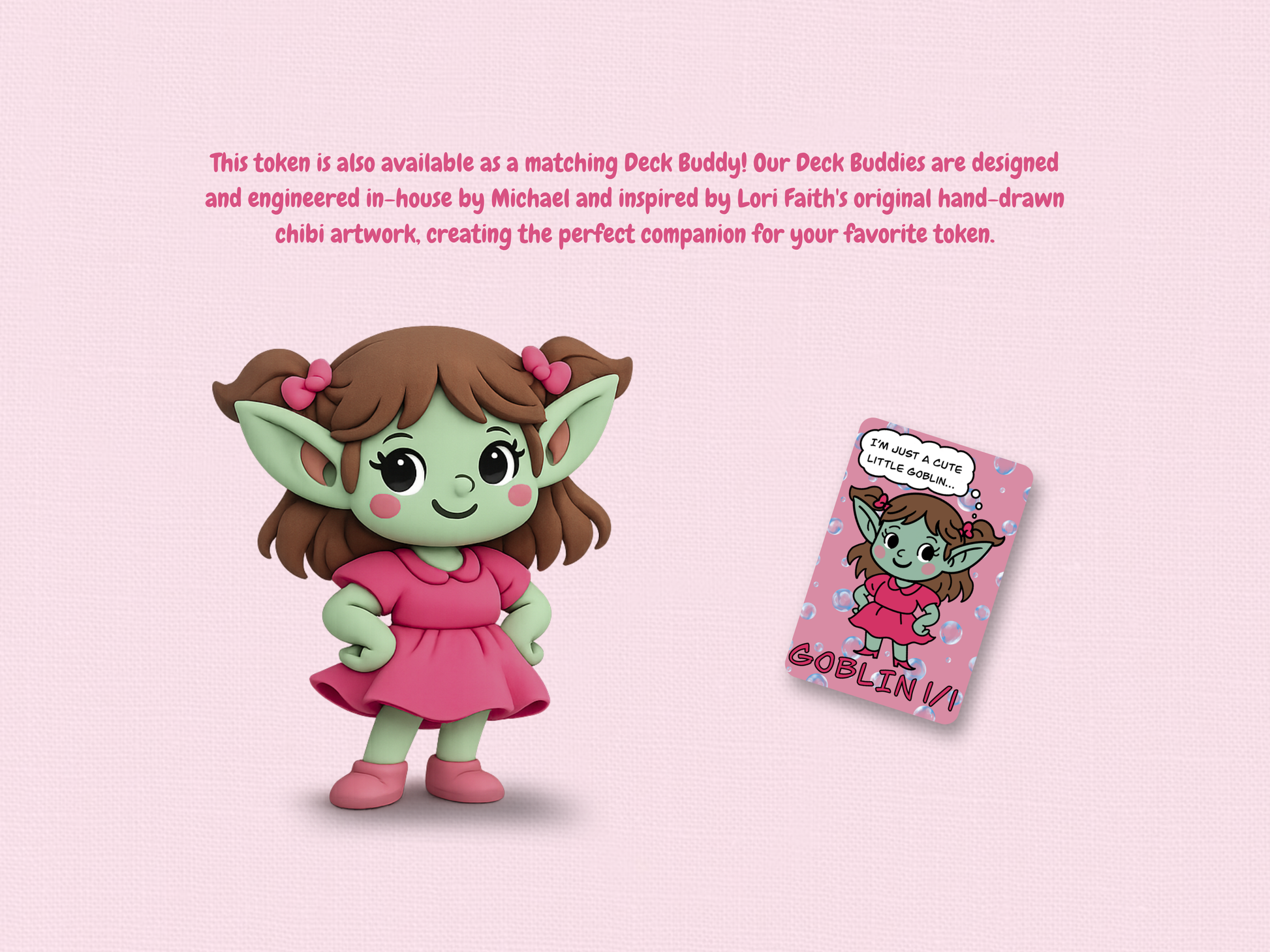 Purple Fox Shop hand-drawn 1/1 Goblin token original cute chibi art card with thought bubble printed on premium matte MTG art stock displayed on a cozy light pink textured background with dice