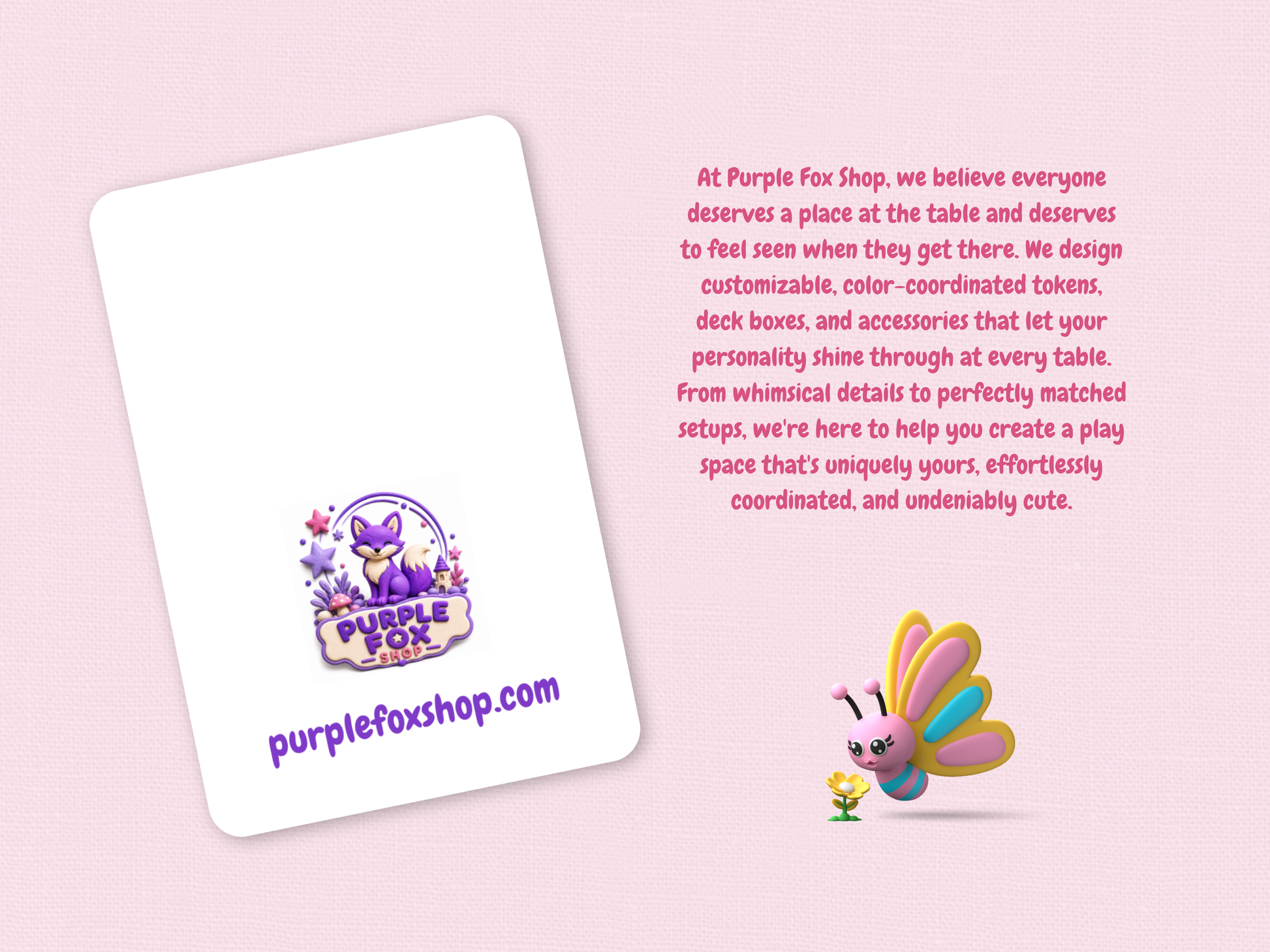 Back of token card with Purple Fox Shop logo and text on a pink background
