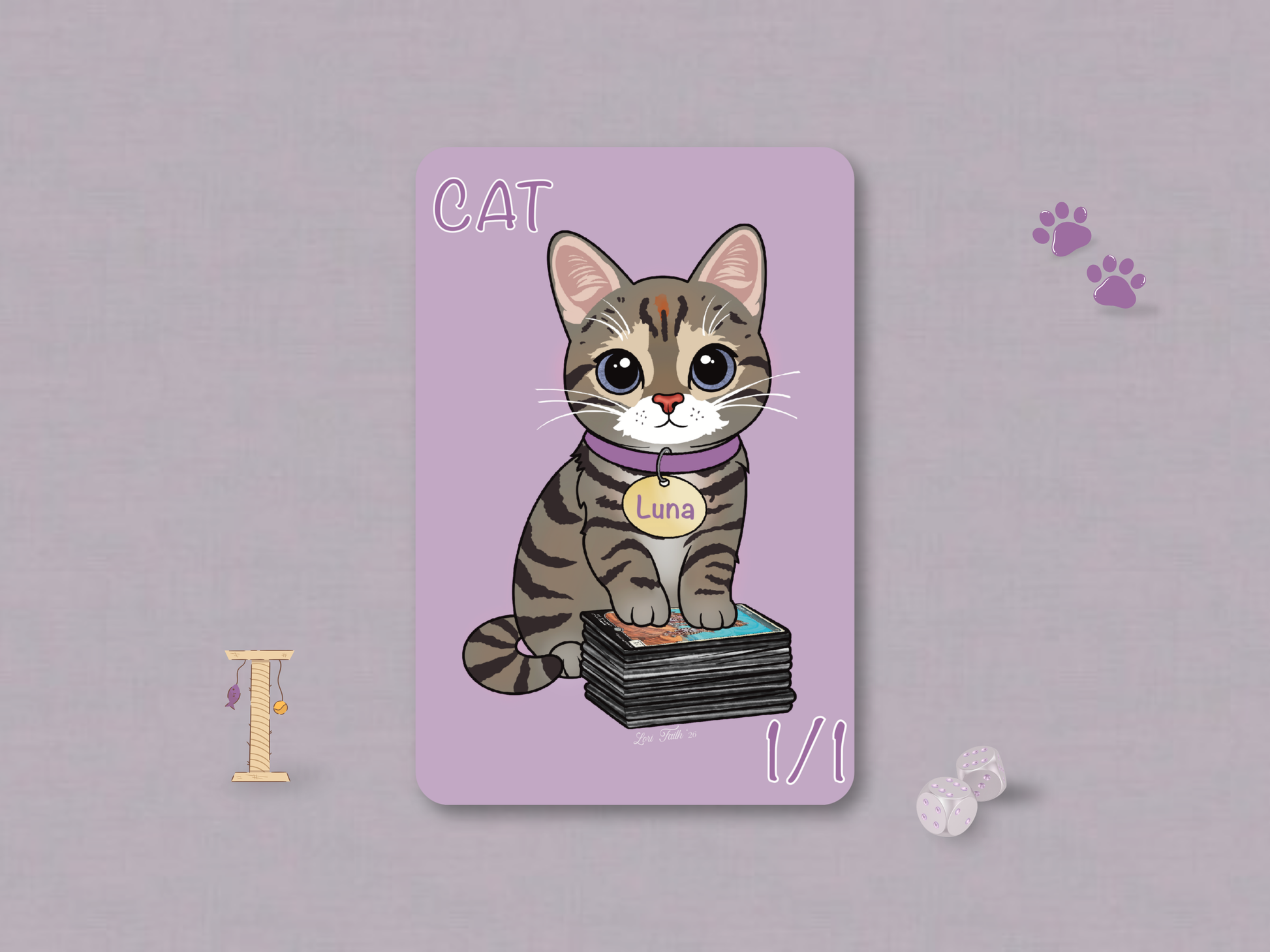 Hand-drawn 1/1 Cat custom MTG token card featuring a cute brown tabby kitten named Athena sitting on a stack of Magic cards against a soft lilac background, illustrated by artist Lori Faith of Purple Fox Shop.