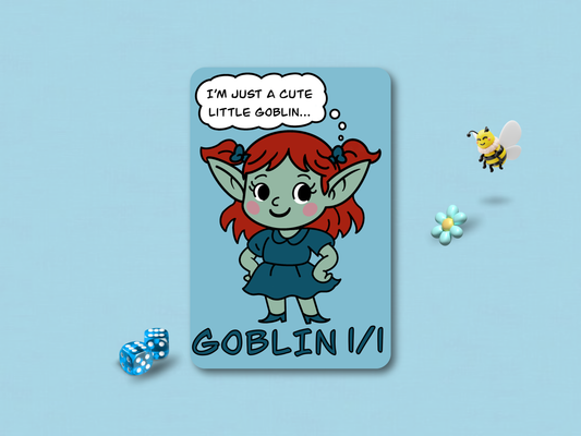 Chibi goblin character with a blue background, dice, and flower.