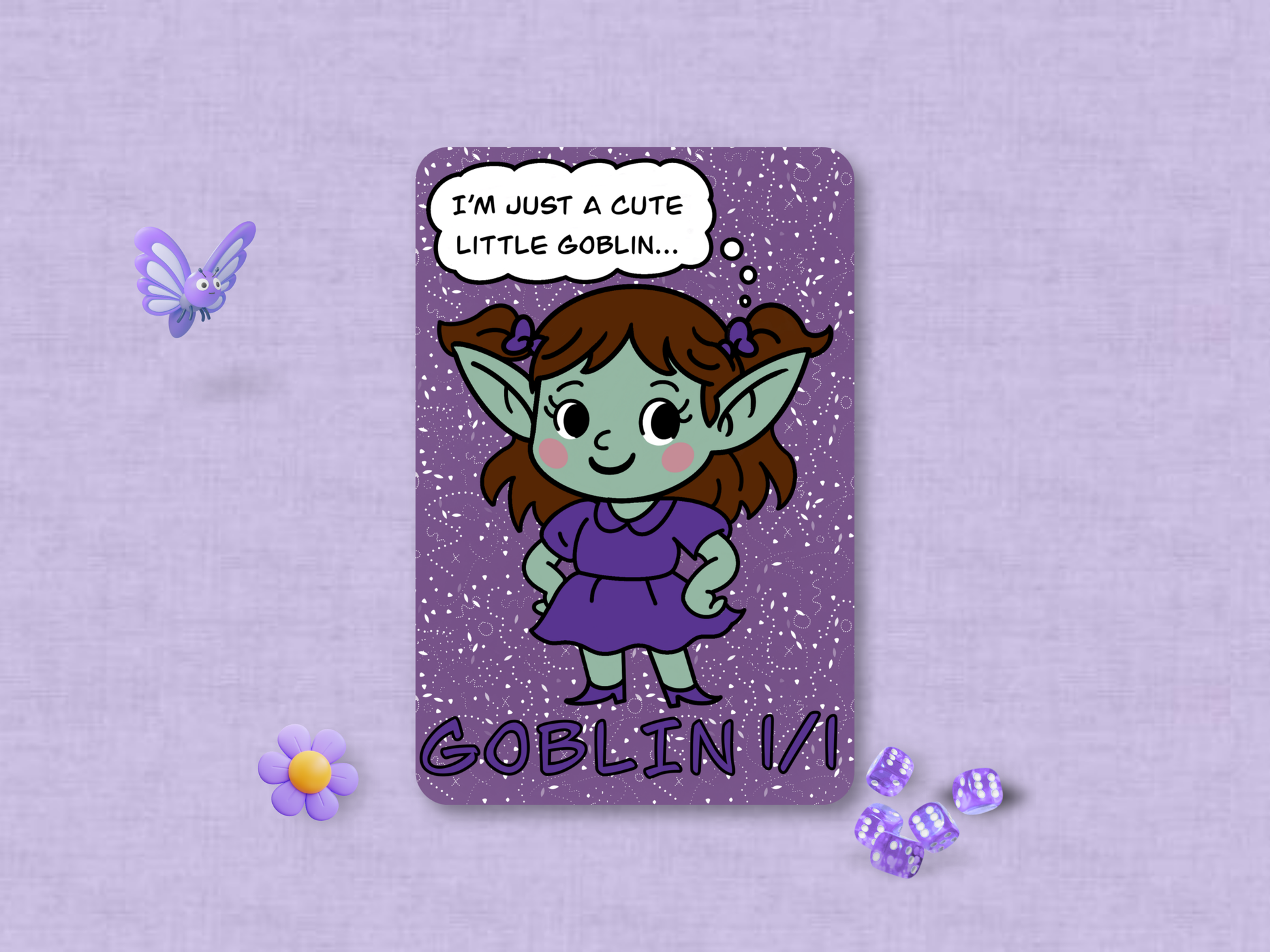 Chibi MTG goblin tokenwith a purple background and decorative elements.