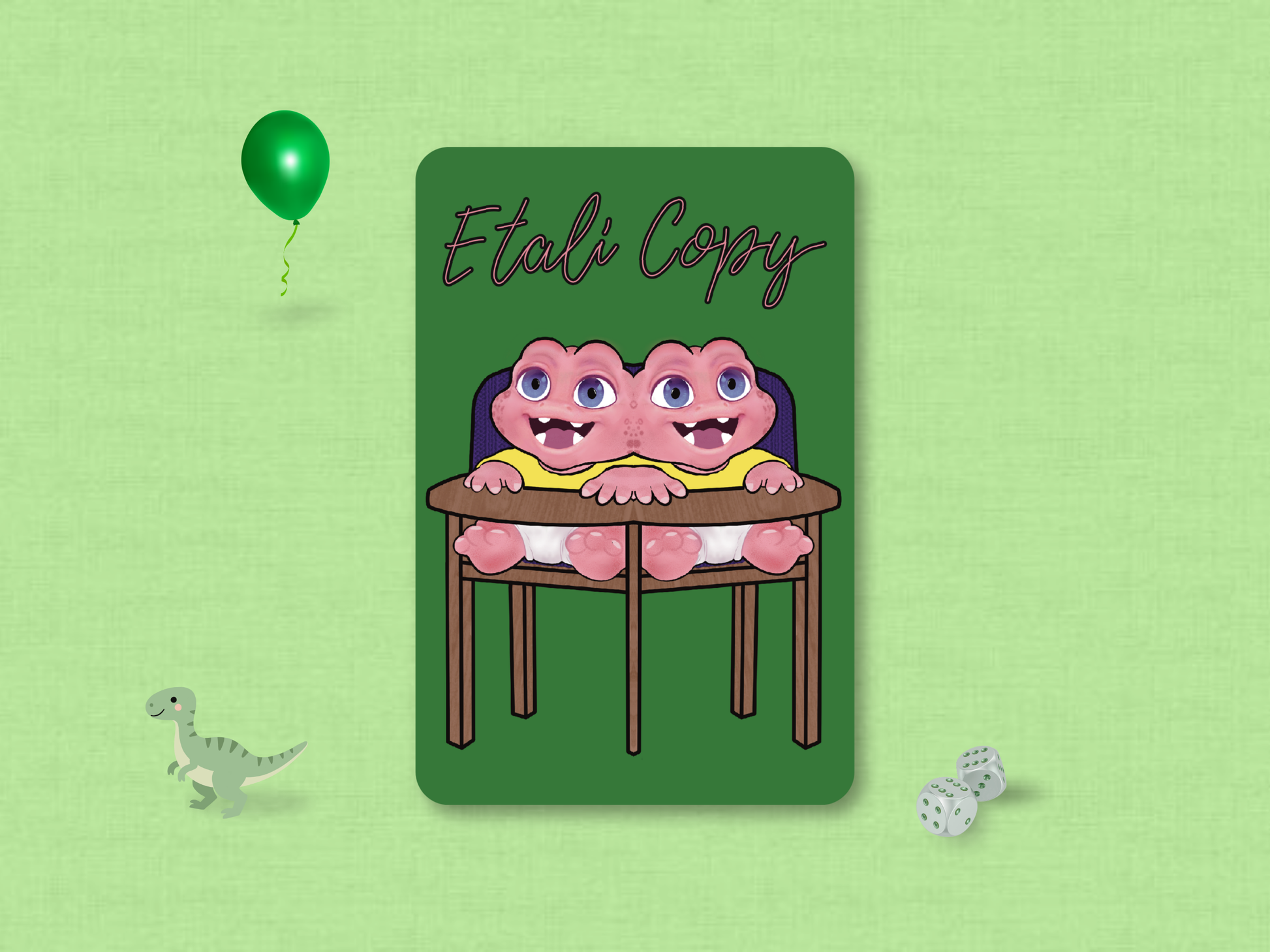 Hand-drawn Etali Copy custom MTG token card featuring a cute chibi two-headed baby dinosaur in a high chair against a solid green background, illustrated by artist Lori Faith of Purple Fox Shop.