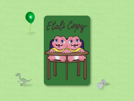 Hand-drawn Etali Copy custom MTG token card featuring a cute chibi two-headed baby dinosaur in a high chair against a solid green background, illustrated by artist Lori Faith of Purple Fox Shop.