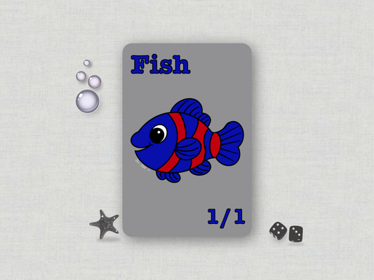 Front face of a custom MTG 1/1 Fish game token featuring a blue and red chibi clownfish on a solid gray background hand-drawn by Lori Faith.