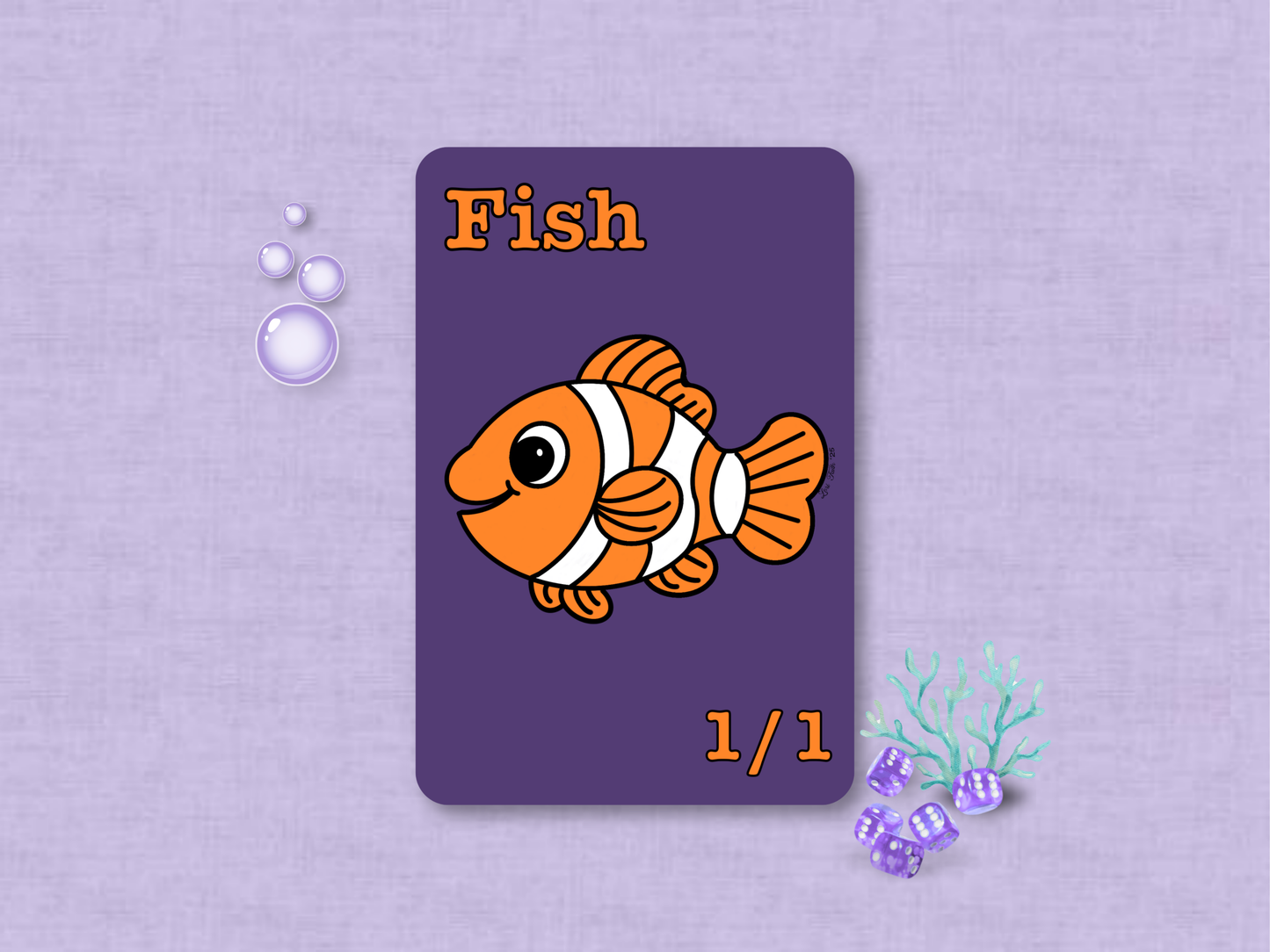 Front face of a custom MTG 1/1 Fish game token featuring an orange and white chibi clownfish on a dark purple background hand-drawn by Lori Faith.