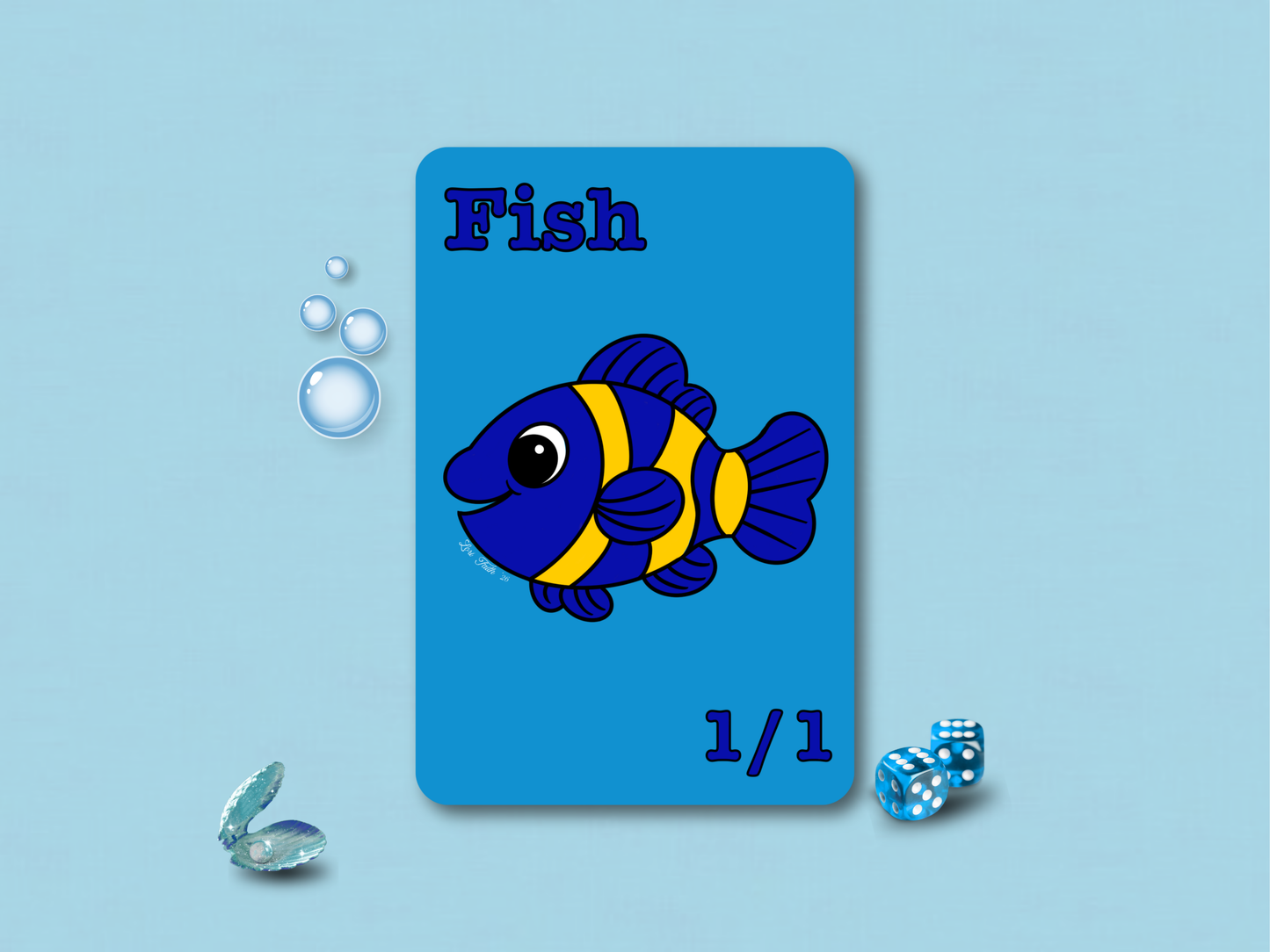 Front face of a custom MTG 1/1 Fish game token featuring a yellow and blue chibi clownfish hand-drawn by Lori Faith on Reflections Matte Art Cardstock.