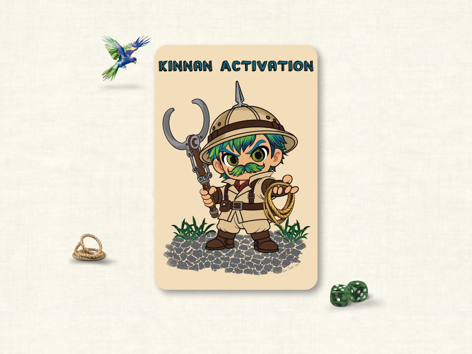 Hand-drawn Kinnan Activation custom TCG token card featuring a chibi explorer character with green hair, a mustache, safari gear, and a pith helmet by Purple Fox Shop.