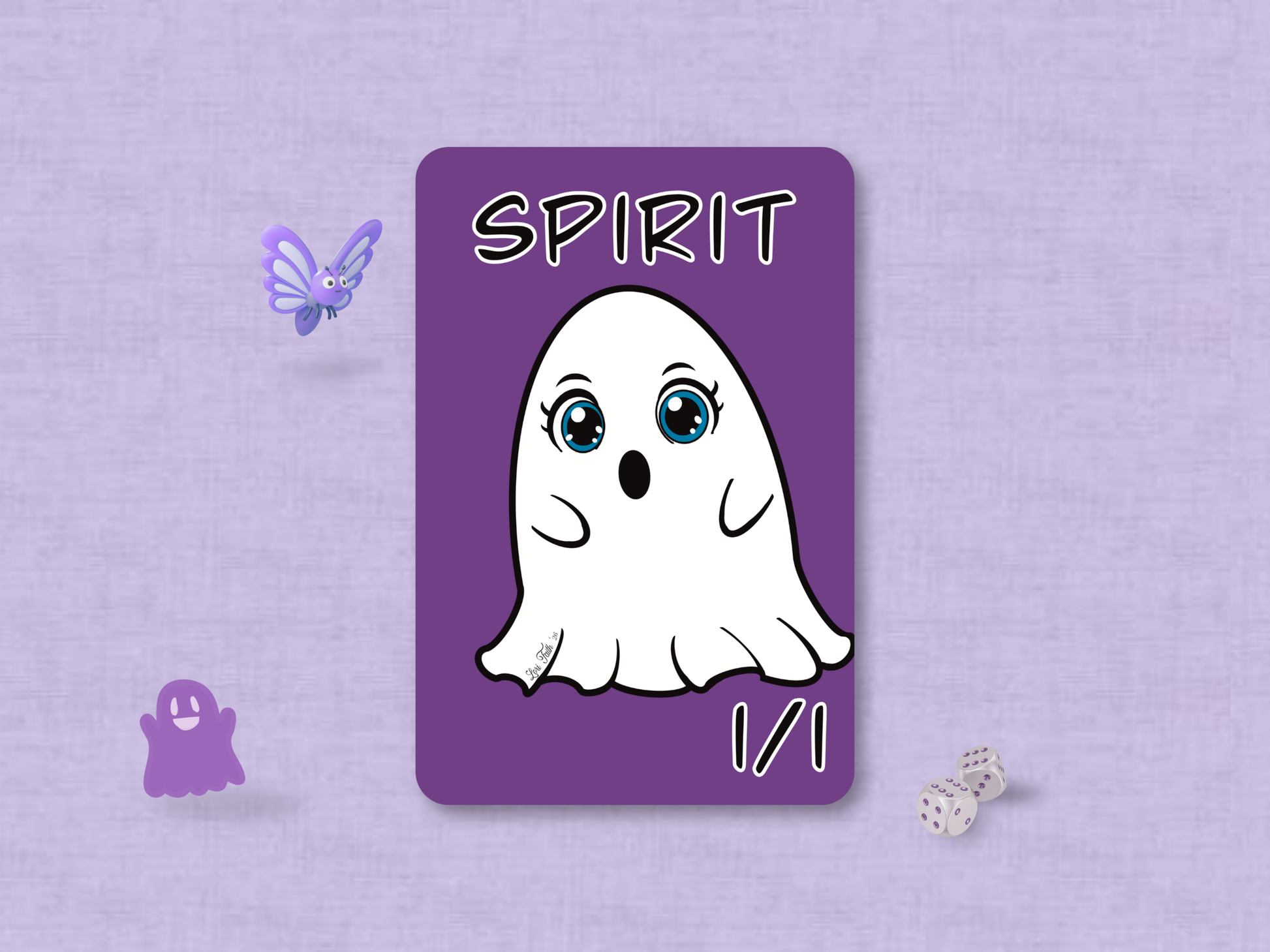 Front face of a custom MTG 1/1 Spirit game token featuring a white chibi ghost hand-drawn by Lori Faith on a solid purple background.