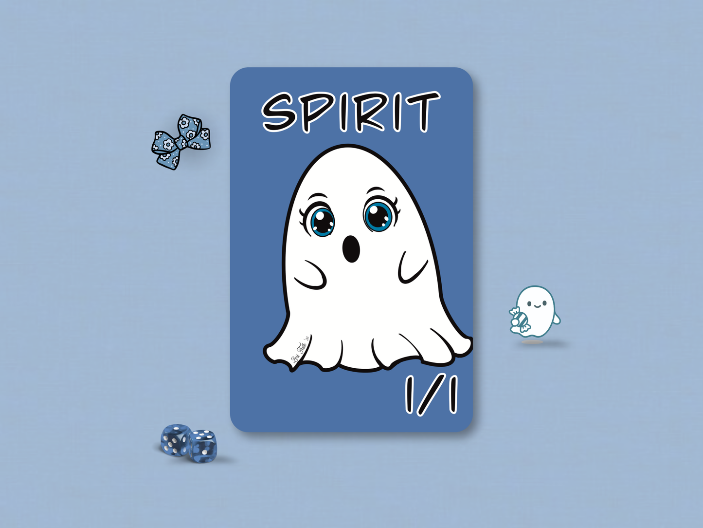 Front face of a custom MTG 1/1 Spirit game token featuring a white chibi ghost hand-drawn by Lori Faith on a solid blue background.