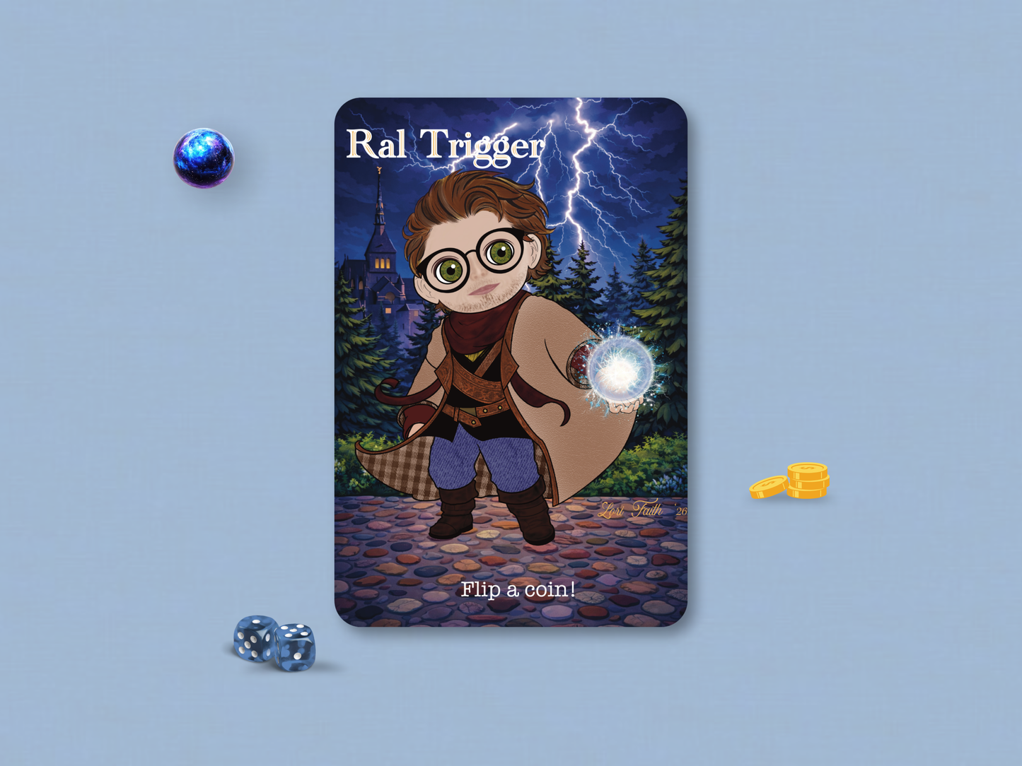 Hand-drawn Ral Trigger custom MTG token card featuring a chibi wizard character with brown hair, glasses, and a long coat holding a lightning orb against a stormy night sky by artist Lori Faith of Purple Fox Shop.