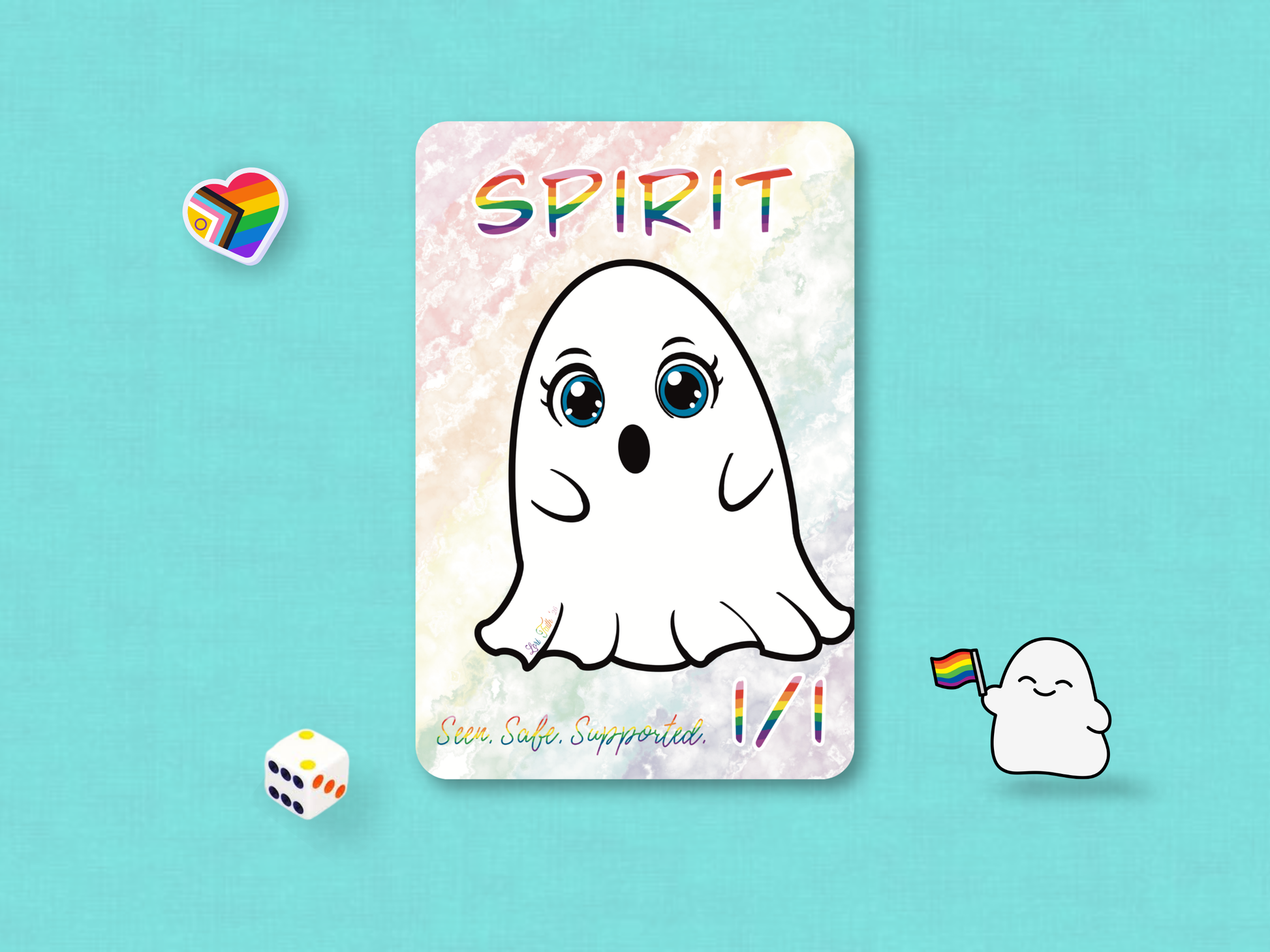 Front face of a custom MTG 1/1 PRIDE Spirit game token featuring a white chibi ghost on a pastel rainbow background hand-drawn by Lori Faith.