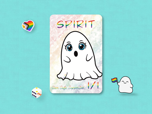 Front face of a custom MTG 1/1 PRIDE Spirit game token featuring a white chibi ghost on a pastel rainbow background hand-drawn by Lori Faith.