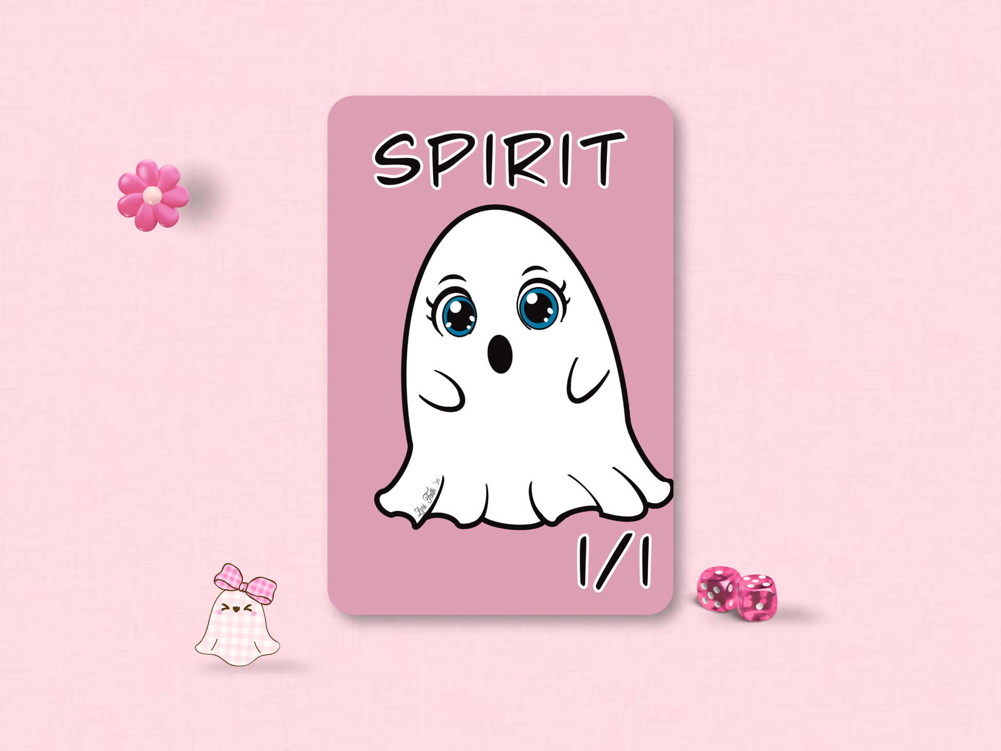 Front face of a custom MTG 1/1 Spirit game token featuring a white chibi ghost hand-drawn by Lori Faith on a solid pink background.