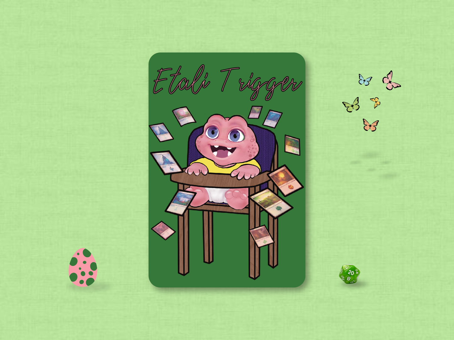 Custom MTG Etali Trigger game helper token featuring an original hand-drawn chibi pink dinosaur in a wooden high chair surrounded by floating Magic cards against a solid green background.
