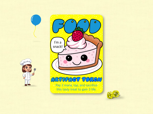 Custom MTG Food Artifact game token card featuring an original hand-drawn chibi smiling slice of pink pie with whipped cream and a strawberry on top, a speech bubble saying I am a snack, set against a speckled bright yellow background.