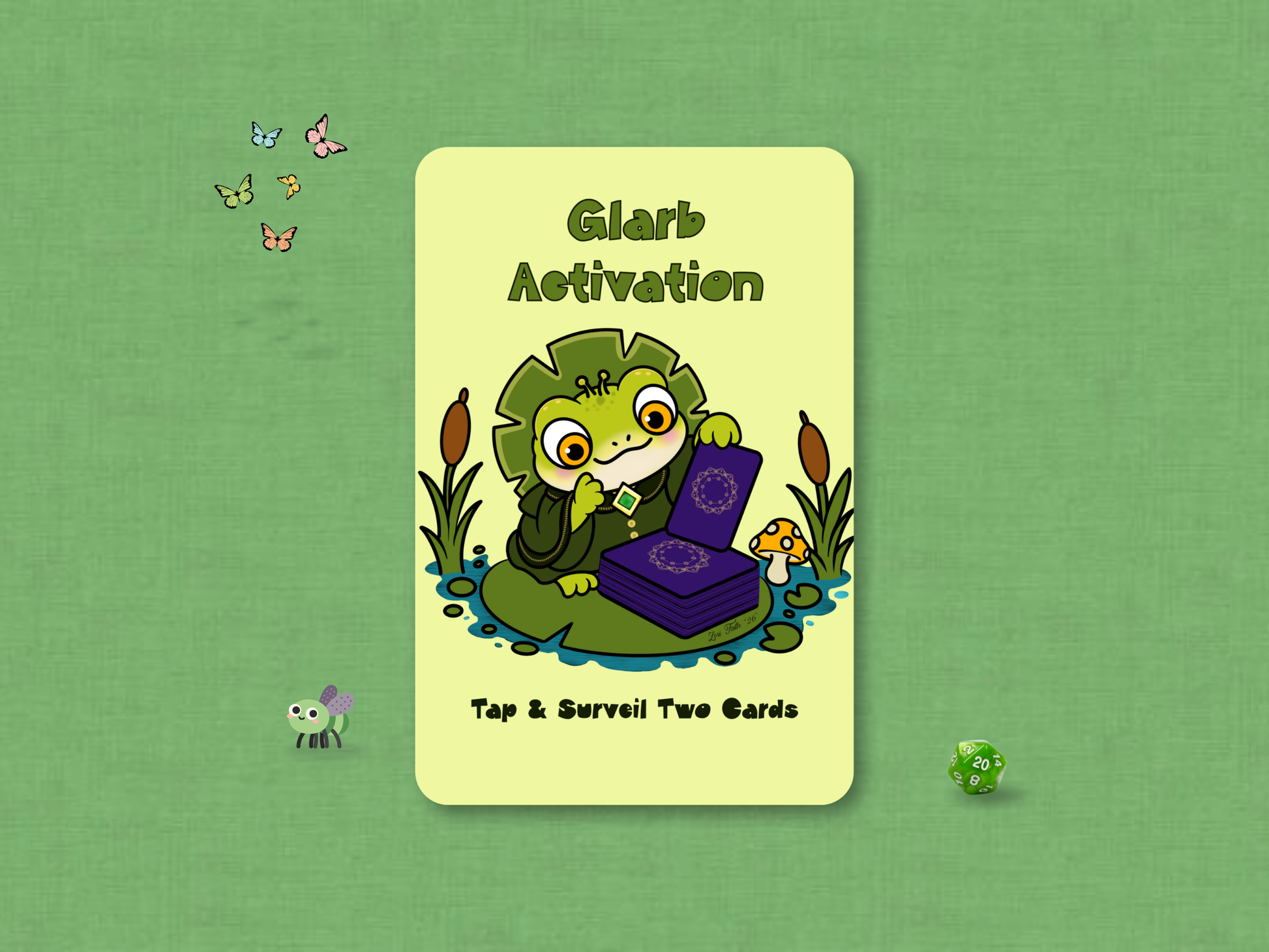 Custom MTG Glarb Activation game helper token featuring an original hand-drawn chibi green frog wizard sitting in a pond on a lily pad next to cattails and mushrooms while looking over a deck of purple cards, set against a solid pale yellow background.