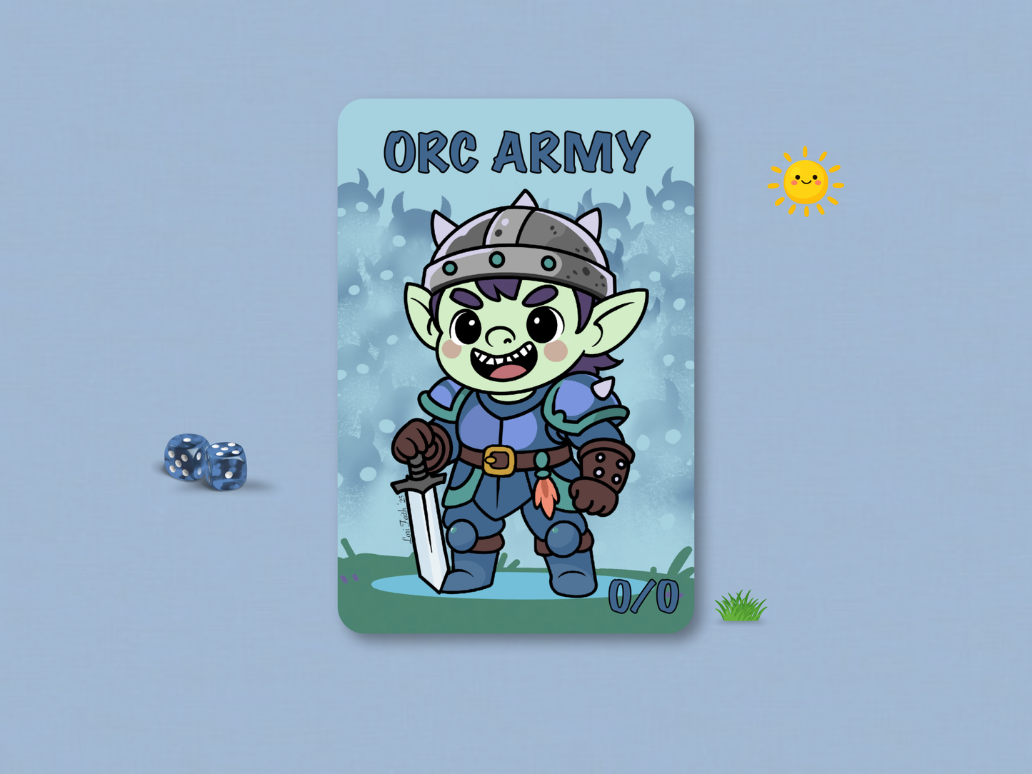 Custom MTG Orc Army 0/0 game token featuring an original hand-drawn chibi masc green orc warrior with dark purple hair and a horned helmet holding a silver sword, set against a misty light blue background filled with silhouetted troop shadows.