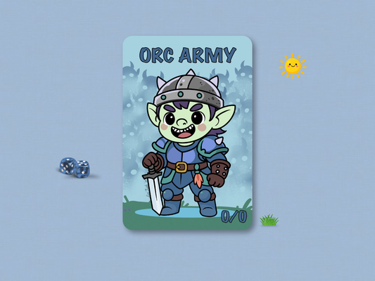 Custom MTG Orc Army 0/0 game token featuring an original hand-drawn chibi masc green orc warrior with dark purple hair and a horned helmet holding a silver sword, set against a misty light blue background filled with silhouetted troop shadows.