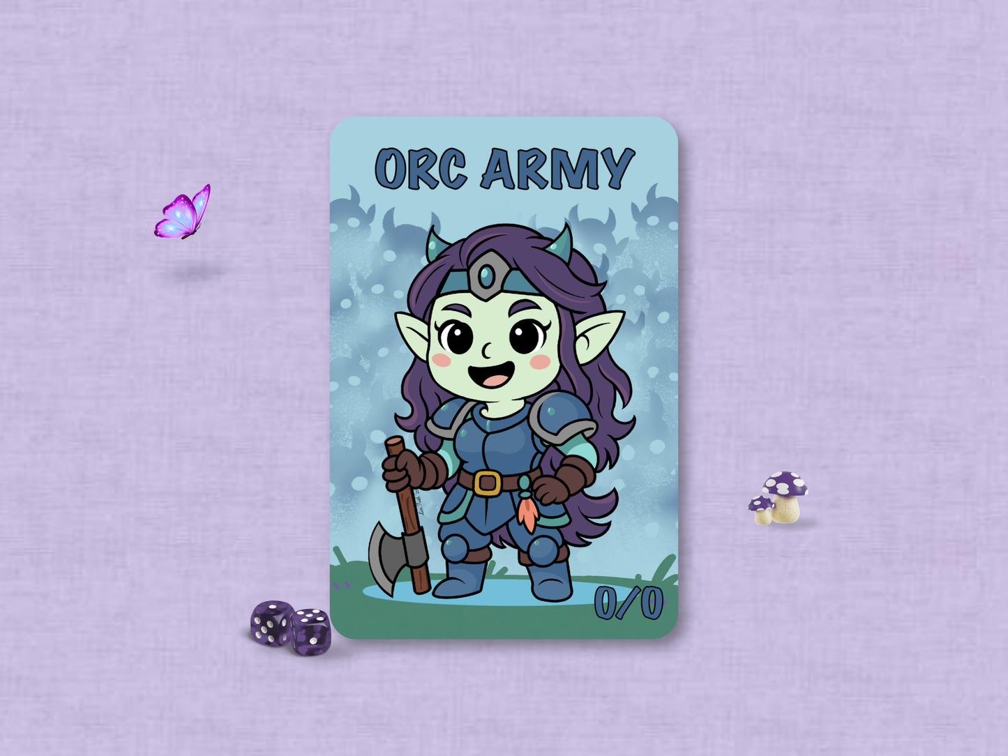 Custom MTG Orc Army 0/0 game token featuring an original hand-drawn chibi femme green orc warrior with purple hair and blue armor holding an axe, set against a misty blue background filled with silhouetted troop shadows.