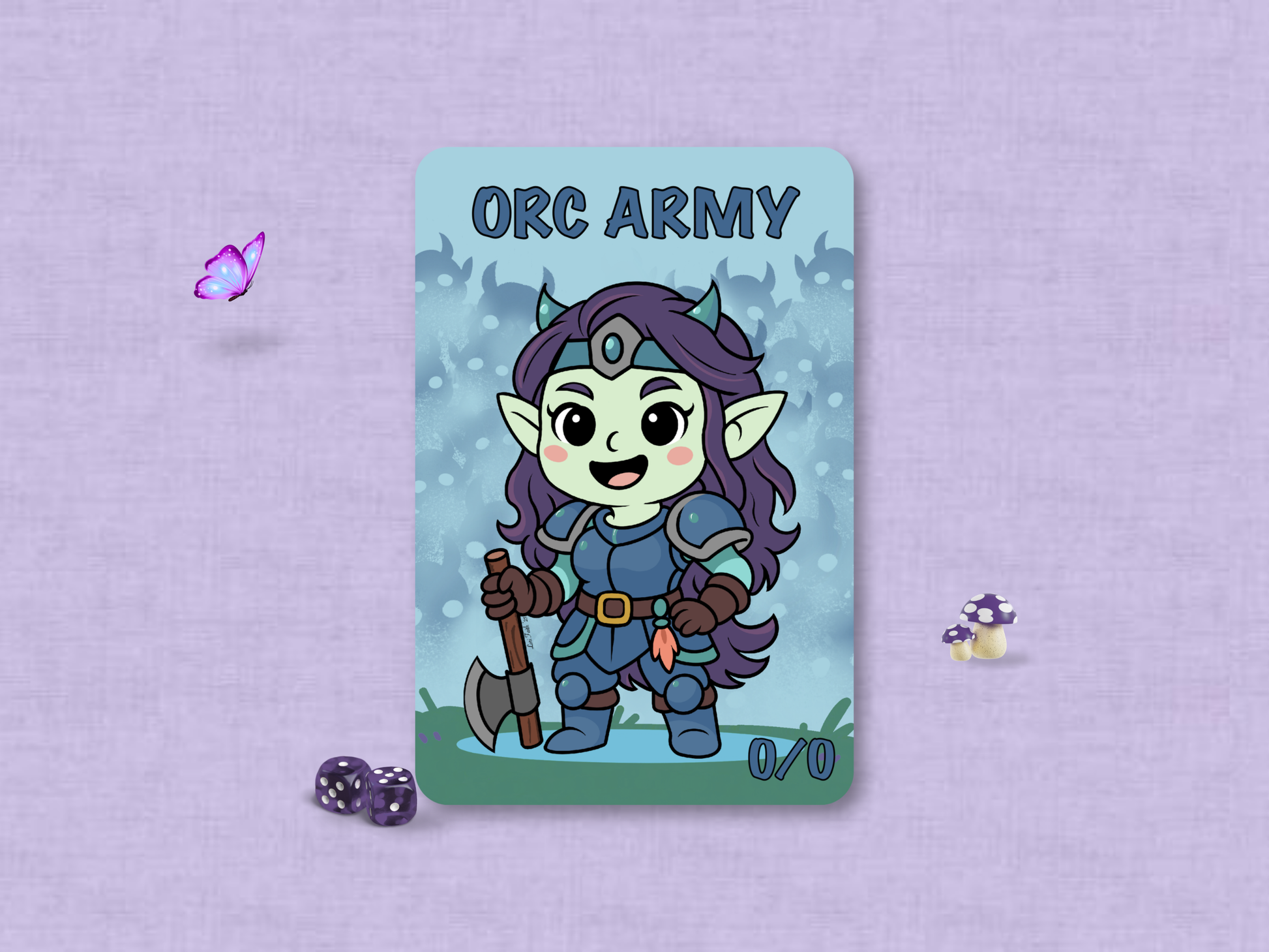 Custom MTG Orc Army 0/0 game token featuring an original hand-drawn chibi femme green orc warrior with purple hair and blue armor holding an axe, set against a misty blue background filled with silhouetted troop shadows.