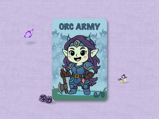 Custom MTG Orc Army 0/0 game token featuring an original hand-drawn chibi femme green orc warrior with purple hair and blue armor holding an axe, set against a misty blue background filled with silhouetted troop shadows.