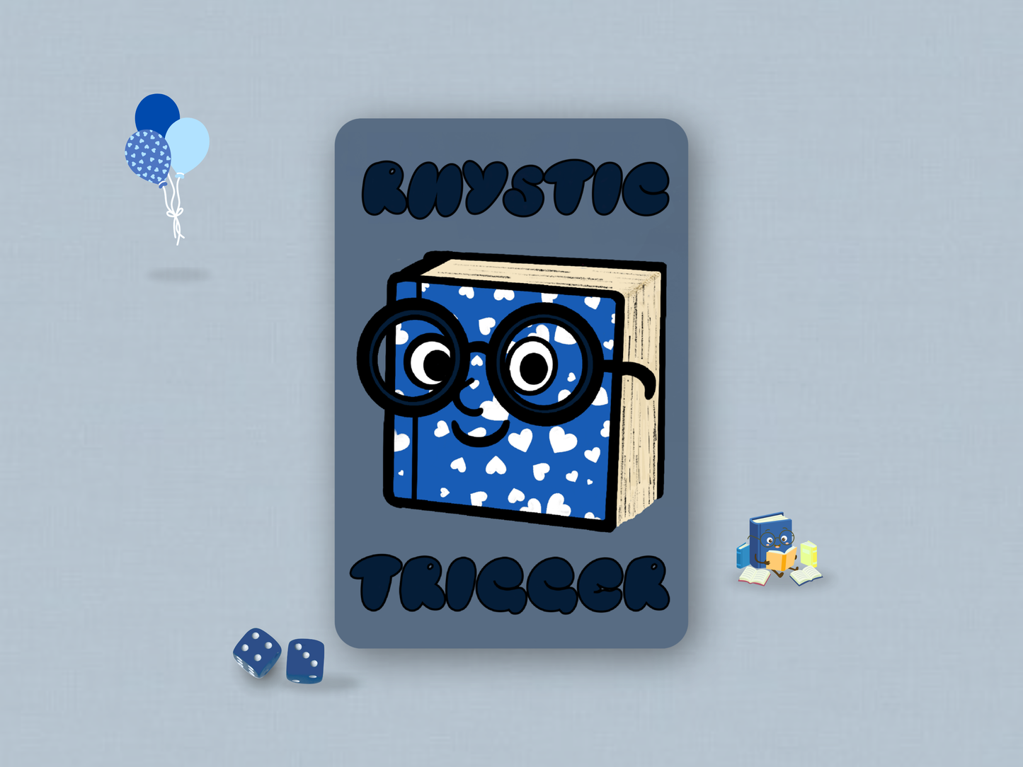 Custom MTG Rhystic Trigger game helper token card featuring an original hand-drawn chibi blue book character with a white heart pattern wearing large round glasses, centered on a muted blue-gray background with navy blue bubble-style font.